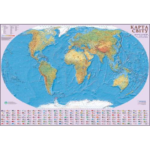 Карта настенная ИПТ Мир 110х160см физическая 1:22 000 000 картон