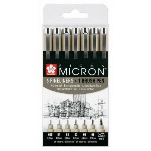Набір лінерів Sakura Pigma Micron чорний 6шт + Pigma Brush в подарунок