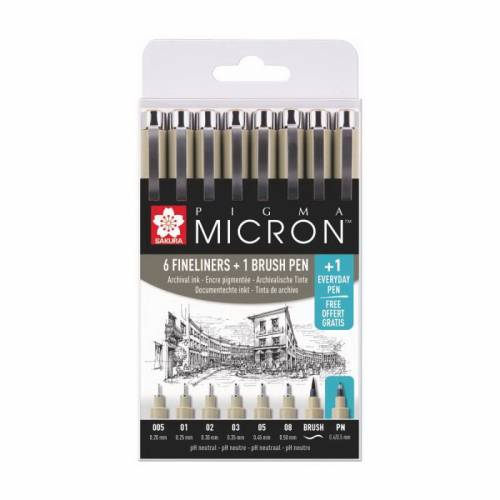 Набір лінерів Sakura Pigma Micron чорний 6шт + Pigma Brush + Pigma Pen в подарунок