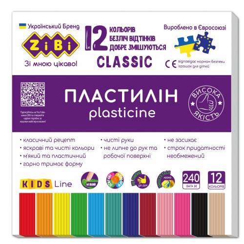 Пластилин ZiBi 12цв 240гр классическая прямоугольная форма KIDS Line ZB.6233
