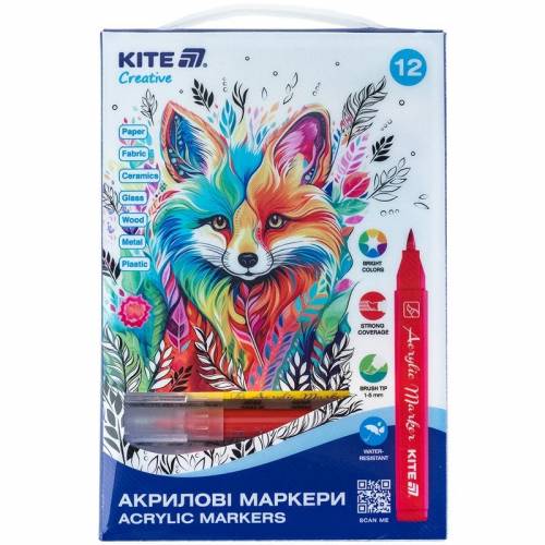 Маркери Kite Creative акриловые K-1159 12 цветов кисточка