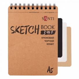 Блокнот для графіки Santi скетчбук DUAL A5, 33 арк., 743283 3 в 1 (крафт, чорний, кремовий папір),  пружина