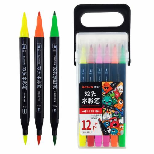 Скетч маркеры LAU брашевые (кисточкой) двохсторонние 12цветов 605-12 в пластиковом пенале